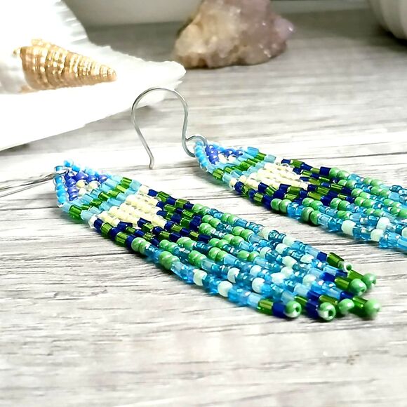 Boho Chic Beaded Fringe Dangle Earrings, Blue & Green, Seed Bead Jewelry, 3.5" - Picture 4 of 7